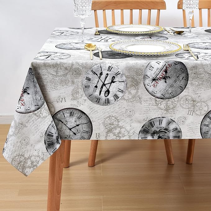 Vinyl Table Cloth Small Square Tablecloth, Wipeable Spillproof Plastic Oilcloth Table Cover, Waterproof PVC Tablecloths for Card Tables, Bistro Tables, Picnic 54 x 54 Inch 4ft Inch Grey Retro Clock