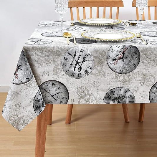 Vinyl Table Cloth Small Square Tablecloth, Wipeable Spillproof Plastic Oilcloth Table Cover, Waterproof PVC Tablecloths for Card Tables, Bistro Tables, Picnic 54 x 54 Inch 4ft Inch Grey Retro Clock
