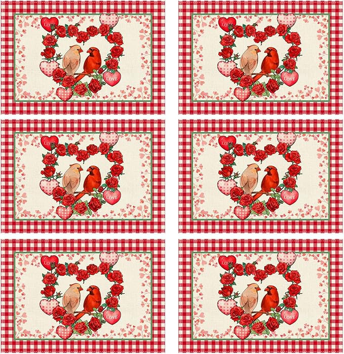 XCHI Plaid Roses Flowers Love Hearts Cardinal Valentine's Day Placemats Set of 6 Table Mats for Party Home Kitchen Dining Table Decorations 12x18 Inch