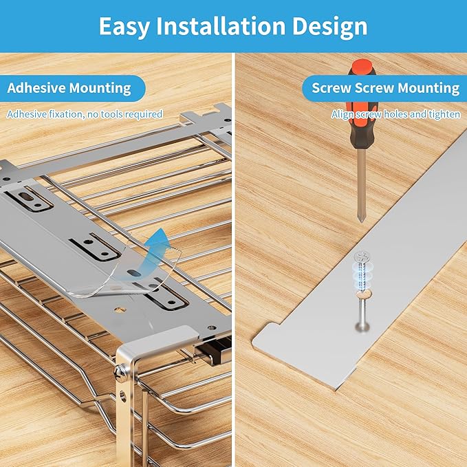 Pull Out Spice Rack, 2 Tier Spice Organization for Cabinet, Heavy Duty Spice Rack, 9-1/4 inch Wide - Spice Racks for Inside Cabinets, Kitchen, Pantry - Chrome, 9.25?쓂 x 10.39?쒭 x 9.76?쒱