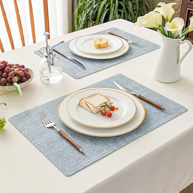 Romanstile Vinyl Placemats Set of 6-12 X 17 Inch - Heat Resistant Place Mats 100% Waterproof Oilproof Wipeable Reversible Faux Leather Table Mats for Kitchen, Dining, Party, Outdoor, Sky Blue