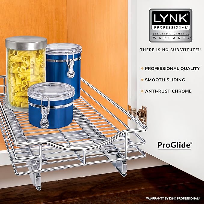 LYNK PROFESSIONAL짰 Pull Out Cabinet Organizer, 11" x 21" Slide Out Drawers for Kitchen Cabinets - Sliding Pull-Out Pantry Shelves ??Home Shelf Organizers - Lifetime Ltd. Warranty, Chrome