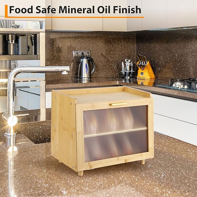 Double Layer Bread Box, Large Capacity Kitchen Counter Storage Container with Acrylic Clear Window and Hinge Door,Farmhouse Style Bread Keeper,Natural