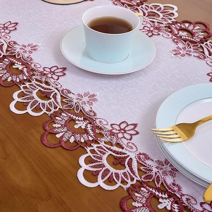 Raedan White Dark Red Jacquard Lace Floral Table Runner 108 inches Long, Claret Dresser Scarf Table Topper for Kitchen Coffee Table Wedding Party Home Decor (Floral Dark Red, 16?쓝108??