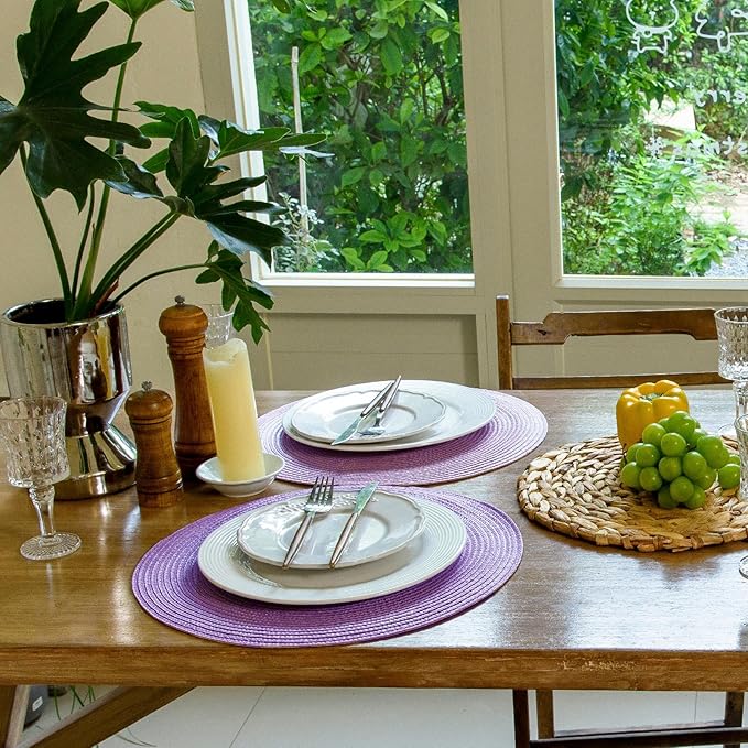 FunWheat Round Braided Placemats Set of 8 Table Mats for Dining Tables Woven Washable Non-Slip Place mats 15 inch(Lavender Purple,8pcs)