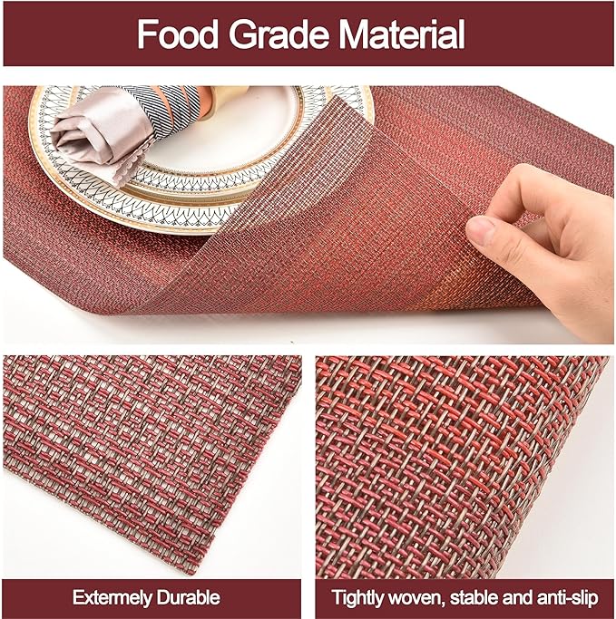 SLKQG Red Placemats Set of 4 - Easy Clean Washable Vinyl Placemats - Wipeable Heat Resistant Table Mats for Dining Table - 17.7x11.8 Inch (4, Red Gradient)