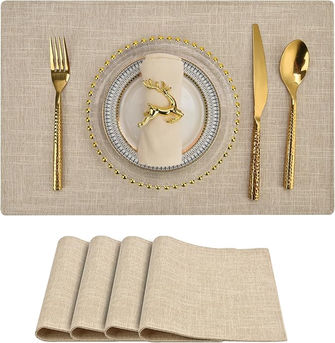 SLKQG Beige Linen-Look Fabric Placemats Set of 4, Heat Resistant & Machine Washable Double-Layered Cloth Placemats for Dining Table, Indoor/Outdoor Use, Non-Slip Kitchen Table Mats (4, Beige Cream)