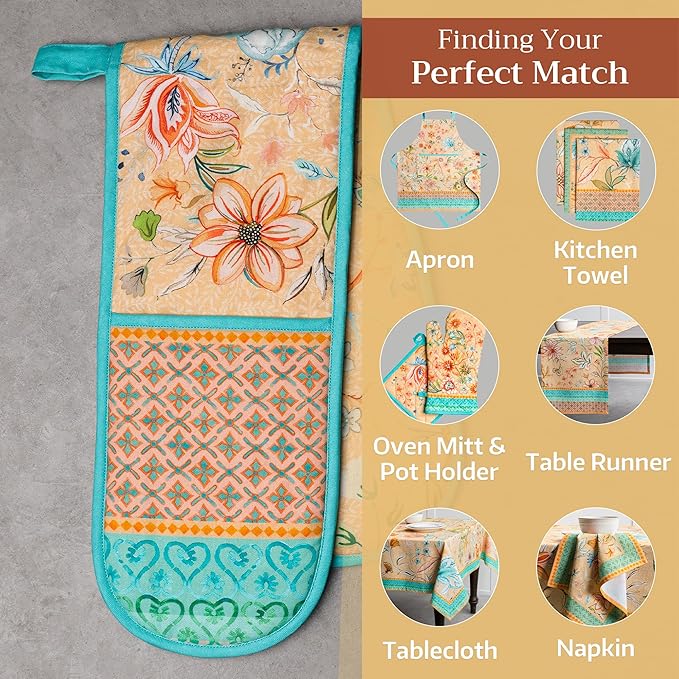 Maison d' Hermine Double Oven Mitts 100% Cotton 7"x35" Double Oven Mitt Heat Resistant BBQ Cooking Gloves with Loop, Baking, Grilling, Kitchen, Handling Hot Pans Spring Summer (Luxury Loft ??Peach)