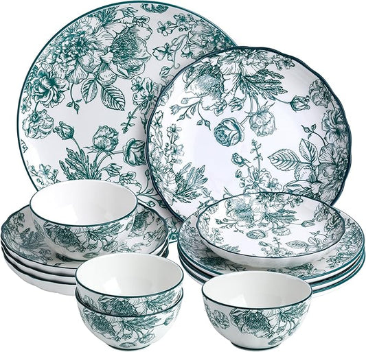 12-Piece Floral Porcelain Dinnerware Set, Service for 4, Green Pattern Plates and Bowls, Microwave and Dishwasher Safe