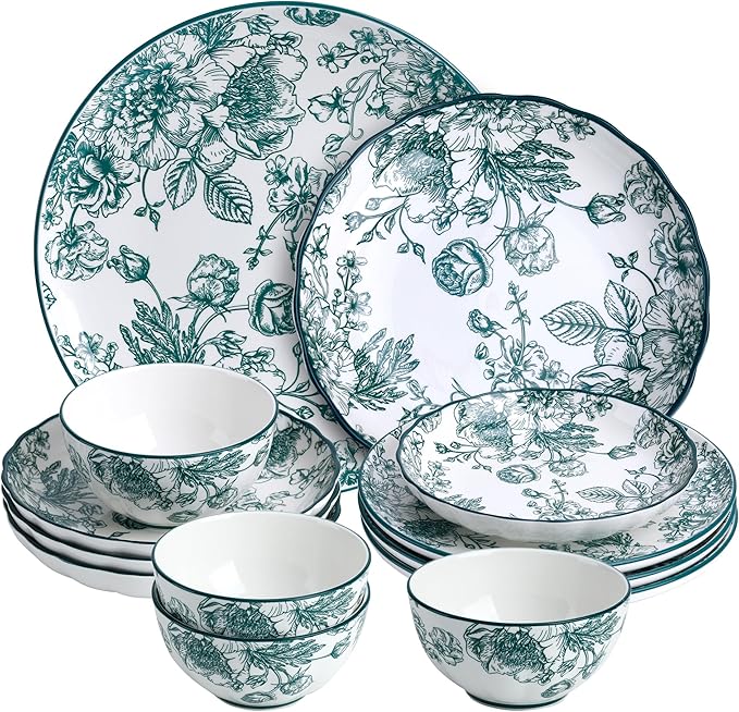 12-Piece Dinnerware Set for 4, Green Floral Porcelain Plates & Bowls, Microwave and Dishwasher Safe