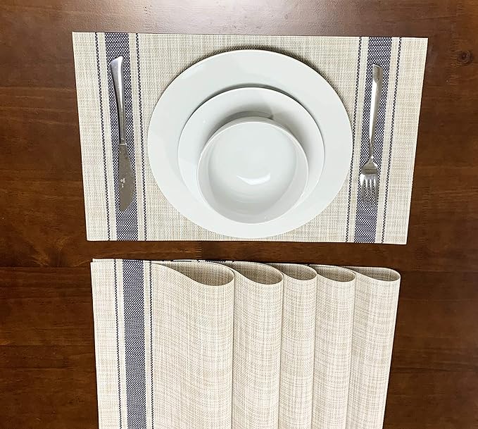 Set of 12 PVC Vinyl Woven Place mats, Heat Insulation Stain Resistant Stripe Placemats for Dining Table Durable Cross Weave Woven Vinyl Kitchen Table Mats Placemat (Blue)