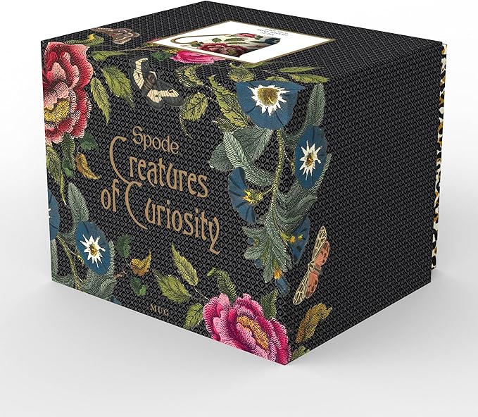 Spode Creatures of Curiosity 12oz Fine China Mug, Black Floral Pattern - Porcelain Tea & Coffee Cup with 22ct Gold Handle and Rim - Elegant Vintage Inspired Drinkware, Boxed for Gifting