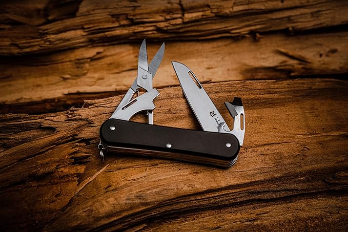 Fox Knives Vulpis FX-VP130-F4 Slipjoint Folding Knife 4-in-1 Multitool 2.17in Blade, Bottle Opener, Can Opener, Flat Head Screwdriver, Scissors - Compact Versatile Minimalist Pocket Knife (Black)