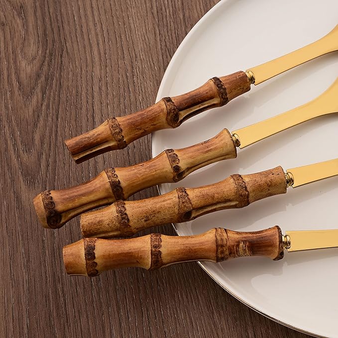 Serving Spoons Set of 2, 10.0" Stainless Steel Serving Spoons with Natural Bamboo Handle, Gold Large Serving Utensils of Spoons, Big Ladle for Buffet, Party, Banquet, Kitchen, Tablespoons Flatware
