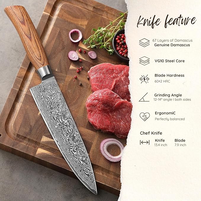 Wakoli EDIB Pro Damascus Chef Knife ??Japanese Style Kitchen Knife | 7.9-Inch Genuine Damascus Steel Blade with VG10 Core | Ergonomic Pakkawood Handle | Professional Cooking Tool