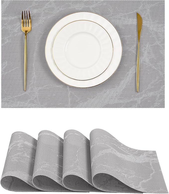 Leetaltree Reversible Marble Placemats Set of 4 ??Ships Flat and Stays Flat, Durable Washable Vinyl PVC Placemats, Heat Resistant, Easy Wipe Clean (Gray Marble Pattern)