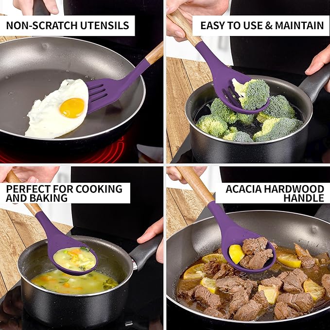 Zulay Kitchen Non-Stick Cooking Utensils Set with Authentic Acacia Wood Handles ??5-Piece Durable & Stylish Silicone Kitchen Utensils Set ??Heat Resistant to 464째F ??Purple