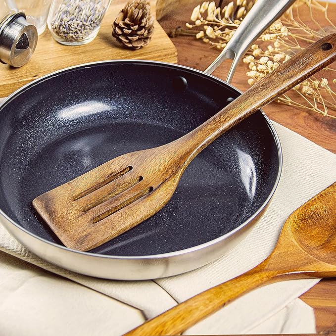 Wooden Spoons for Cooking Utensils, Natural Teak Wooden Cooking Spoons with Nonstick Spatula Set, Bamboo Kitchen Utensils With Holder, Wood Spoon Set for Kitchen Essentials (6)