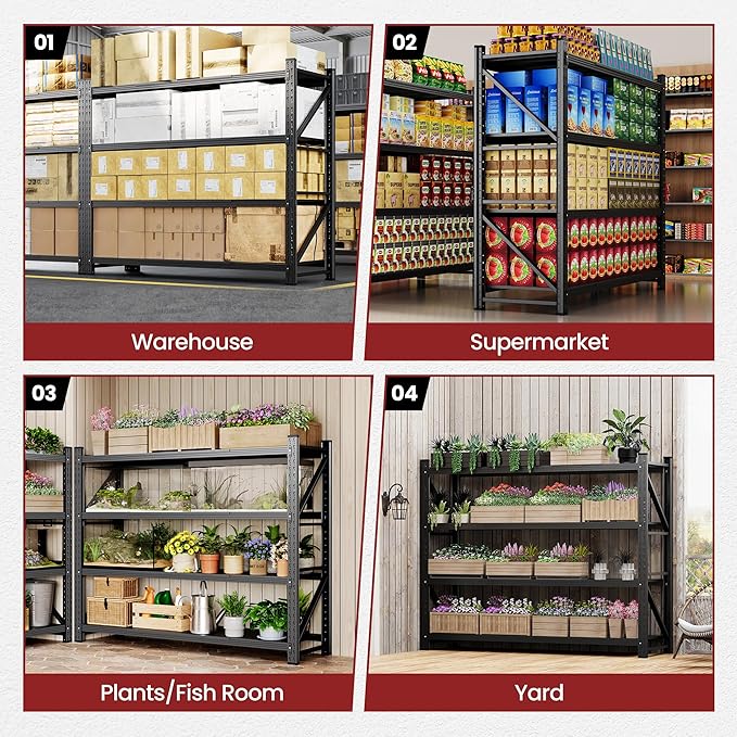79" Wide Storage Shelves, 7000LBS Garage Shelving Heavy Duty, Standing Shelf Units, 4 Tier Metal Adjustable Storage Shelving Rack for Shop Warehouse Basement, 79'' W x 24''D x 79'' H