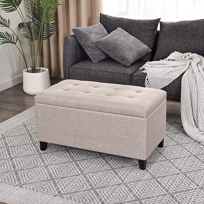 Asense Rectangular Lift Top Storage Ottoman Bench Footrest, Large Space (Linen-Beige)