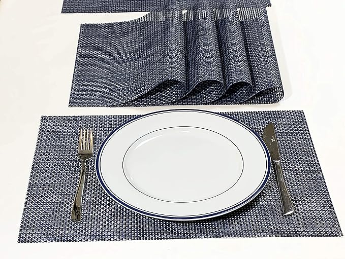 Jutemill Set of 12 Navy PVC Vinyl Woven Place mats, 12" x 18 inches Heat Insulation Stain Resistant Placemats for Dining Table Durable Cross Weave Woven Vinyl Kitchen Table Mats Placemat (Solid Navy)