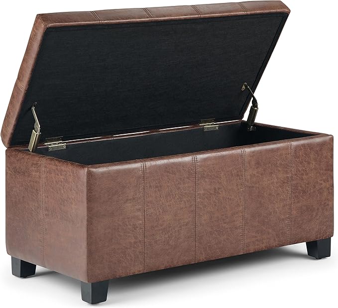 SIMPLIHOME Dover Storage Ottoman Bench - 36 inch Wide Upholstered Vegan Leather Rectangular Lift-Top Ottoman in Distressed Umber Brown, Contemporary Bench for Living Room with Safety Hinges