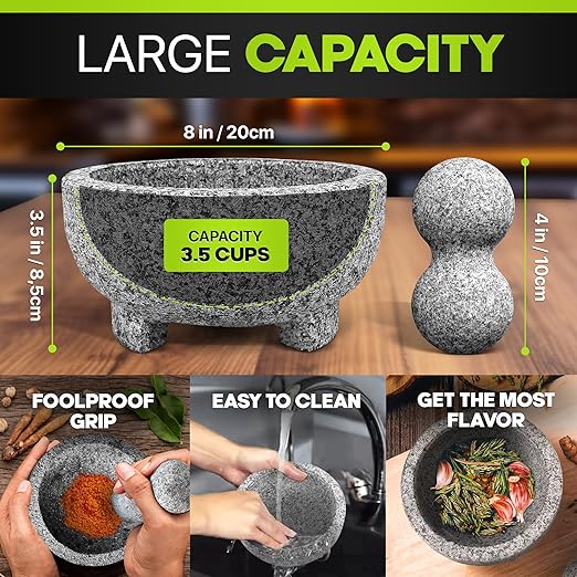 Umien Granite Mortar and Pestle Set - 8-Inch Natural Stone Molcajete with Avocado Tool - 3.5 Cup Capacity for Spices, Herbs, Pestos & Guacamole - Premium Kitchen Christmas Gift (Grey)