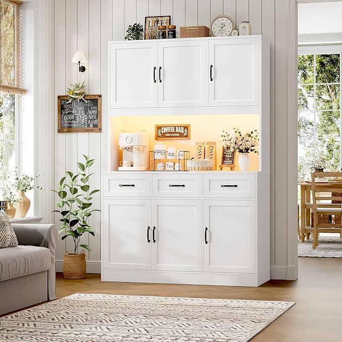 HOSTACK 72" Tall Kitchen Pantry Cabinet with Charing Station | LED Lights, 47" W Kitchen Pantry Storage Cabinet with Countertop, Modern Kitchens Hutch Cabinets with Storage for Dining Room, White
