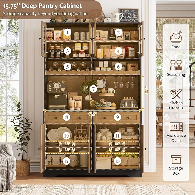 HOSTACK 75.4" Tall Kitchen Pantry Cabinet with Charging Station, Modern White Kitchen Hutch with Microwave Stand and Wine Rack, Large Food Pantry Storage Cabinet with Glass Doors and Drawers, Brown