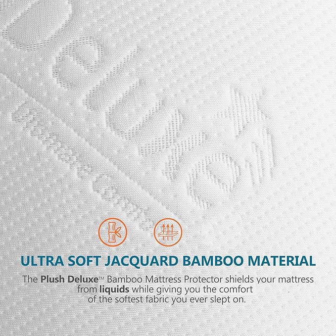 PlushDeluxe Premium Bamboo Mattress Protector ??Twin Size, Waterproof, & Ultra Soft Breathable Noiseless Washable Bed Mattress Cover for Comfort & Protection - White
