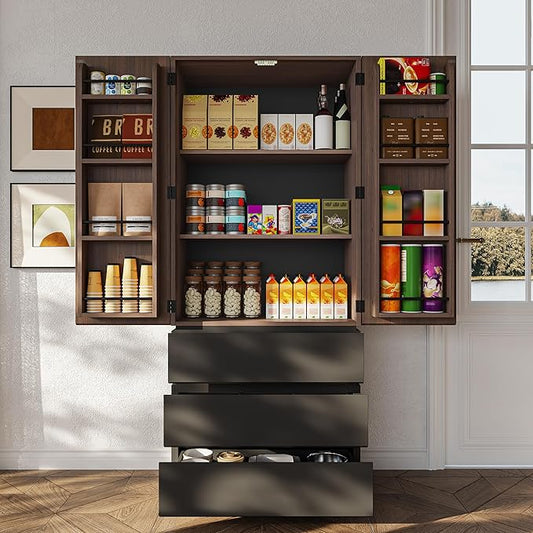 70.8" Kitchen Pantry Cabinet with 3 Drawers Kitchen Storage Food Pantry with 3-Tier Cabinet & Door-Mounted Shelves Hidden Handle Magnetic Closure Freestanding Storage for Dining Room Office