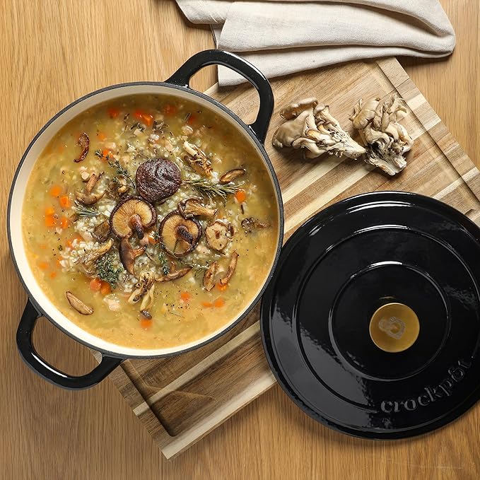Crock Pot Artisan 7-Quart Round Cast Iron Dutch Oven with Lid ??Black Enamel Finish, Gold Knob, Durable Heavy-Duty Cookware for Slow Cooking, Baking, and Roasting