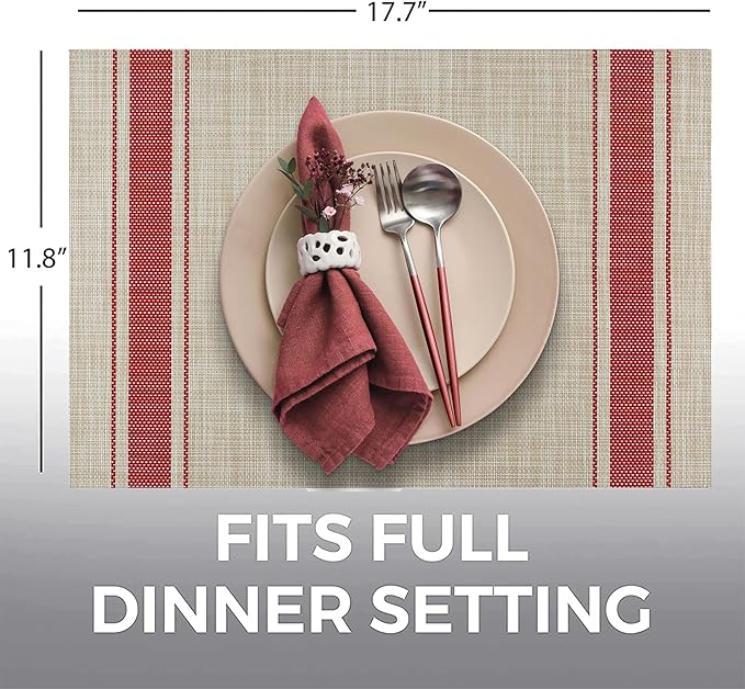 More D챕cor Dining Table Placemats, Washable Heat-Resistant PVC Vinyl Table Mats for Dining Room and Kitchen, Anti-Slip - Set of 6 - Vertical Striped Red - Grey