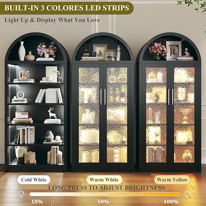 71" Tall Arched Cabinet with 3 Color Lights, Kitchen Pantry Storage Cabinet with Glass Doors & Adjustable Shelves, Modern 6-Tier Display Cabinets for Living Room, Dining Room, Black