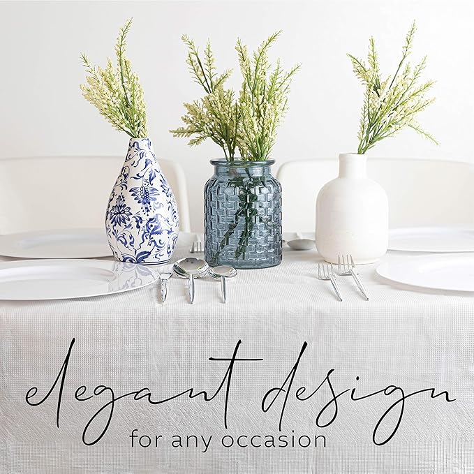 Disposable 3 Ply Paper & Plastic Tablecloth Absorbent, Waterproof, White Table Cover for Rectangle Tables fits 6-8 Foot Tables Size: 54'' X 108'' Pack of 10