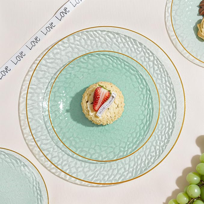 SUT 100Pcs Green Plastic Plates, Hammered Plates Disposable Heavy Duty, Green Disposable Plates With Gold Rim, Fancy Plastic plates Include 50 Dinner plate and 50 Dessert plate for Wedding