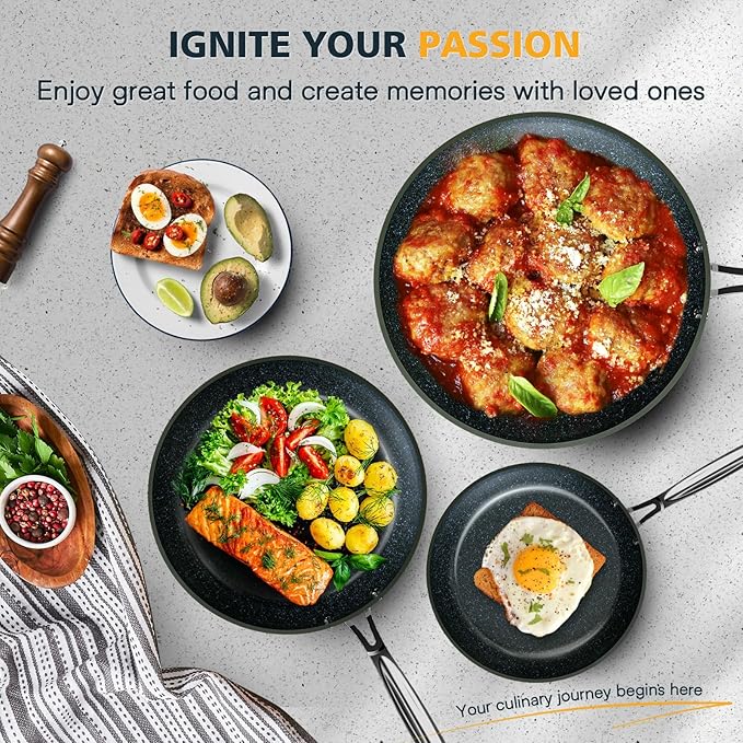 Nuwave 3-Piece 8?? 10?? 12??Forged Lightweight Frying Pan Set, G10 Healthy Duralon Blue Ceramic Ultra Non-Stick, Ergonomic Stay-Cool Handles, Induction-Ready & Works on All Cooktops