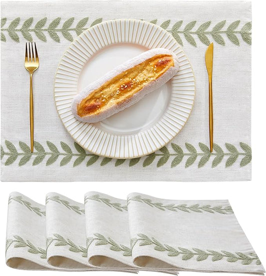 Wracra Embroidered Placemats, 13 x 18 Inch Set of 4 Placemats, Irregular Willow Rustic Place Mats for Kitchen Table and Heat Resistant, Light Sage Green 4PCS