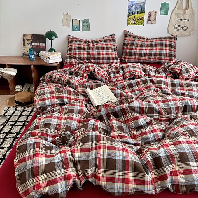 Vintage Buffalo Plaid Comforter Set King Size, 3 Pieces Red Brown Checkered Grid Comforter with 2 Pillowcases, Soft Fluffy Breathable Plaid Printed Gingham Bedding Comforter Set for All Seasons
