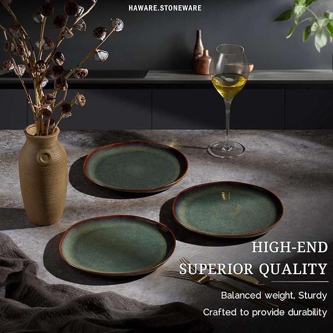 HaWare Stoneware Salad Plates Set of 6, 7.9??Heavy Duty Ceramic Plates, Reactive Glaze Dinnerware for Home Restaurant, Chip and Scratch Resistant, Microwave and Dishwasher Safe, Reactive Moss Green