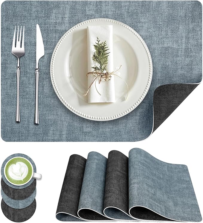 Fyvva Placemats Set of 4, Faux Leather Heat Resistant Wipeable Placemats, Dual Sided Waterproof Washable Table Mats with Coaster, Suitable for Kitchen, Dining, Table Decor (4, Black Light Blue)