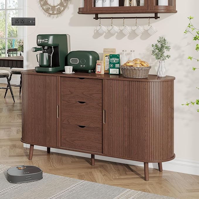 59" Sideboard Buffet Cabinet ,Storage Cabinet with with Charging Station & Drawers & Sliding Door & Adjustable Shelves, Modern Accent Coffee Bar Console Table for Kitchen Entryway, Living Room, Walnut