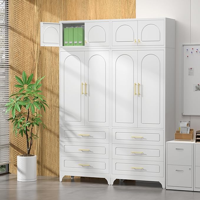 Kitchen Pantry Cabinet竊?0" Storage Cabinets with Doors and Shelves,Metal Pantry Cabinet with 3 Drawers,White Kitchen Cupboard for Livingroom,Pantry, Bathroom