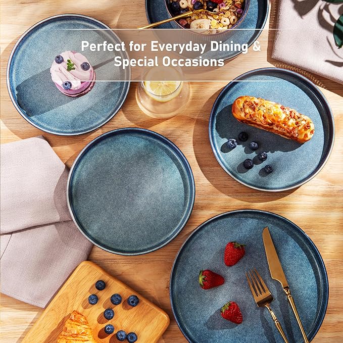 GBHOME Stoneware Dinnerware Sets for 4,Round Reactive Glaze Ceramic Plates and Bowls Set,Highly Scratch Resistant | Dishwasher & Microwave Safe Dishes Set,Service for 4(12Pcs),Ceylon Blue