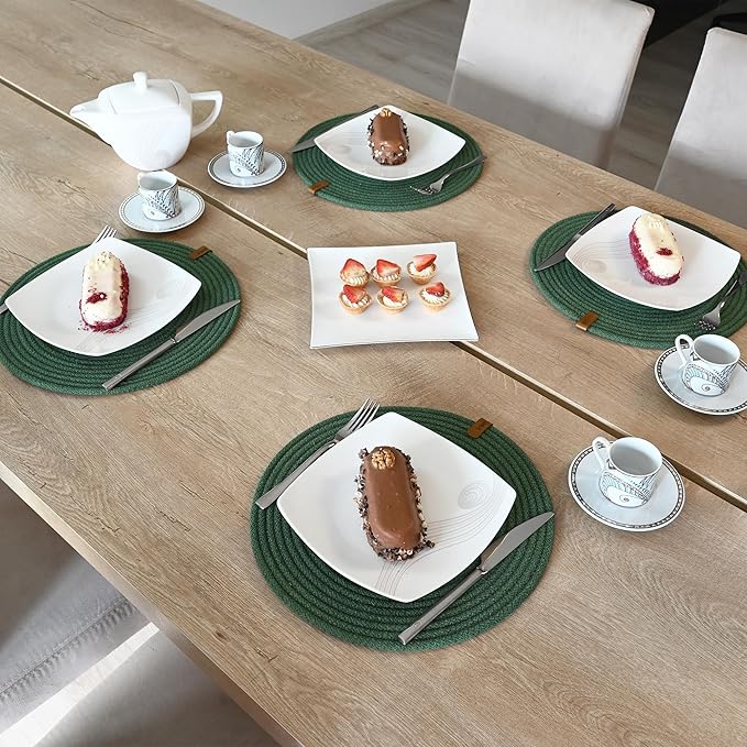 Round Placemats, Set of 4, Handmade by Braided Cotton Cord for Kitchen and Dining Table, Dia. 12.6 Inch, Doublesided, Heat Resistant, Green