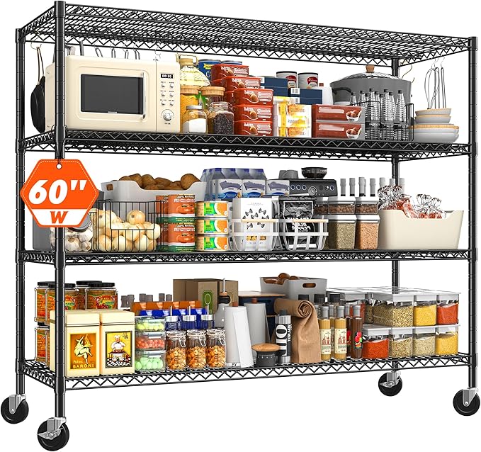 REIBII 60" W 횞24" D횞65.3" H, 4 Tier Wire Shelving 2878LBS Heavy Duty Steel Storage Rack Shelving Adjustable Shelves for Warehouses, Garages, Kitchens, and Commercial Spaces/Premium Wheels 2 Pack