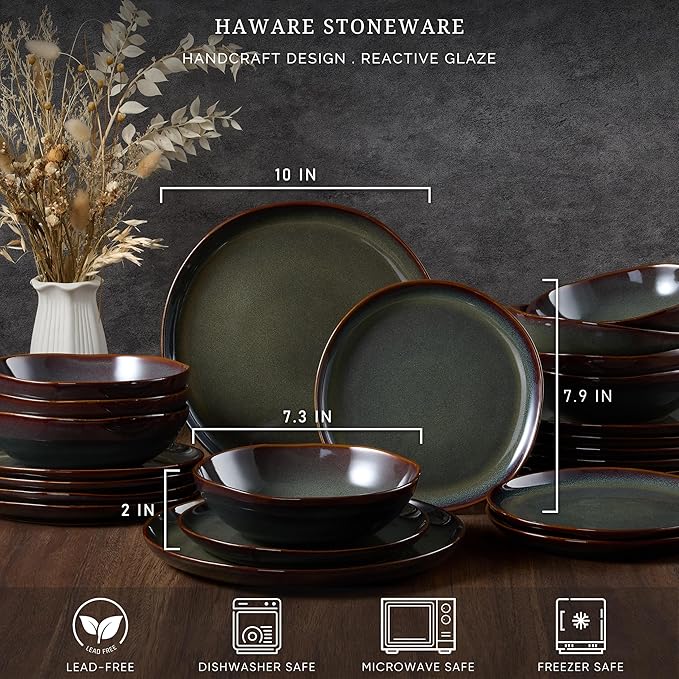 HaWare Plates and Bowls Set, Stoneware Dinnerware Sets, 18-Piece Hand-painted Dish Set for 6, Ceramic Dishware for Home Kitchen, Scratch Resistant, Microwave and Dishwasher Safe, Reactive Moss Green
