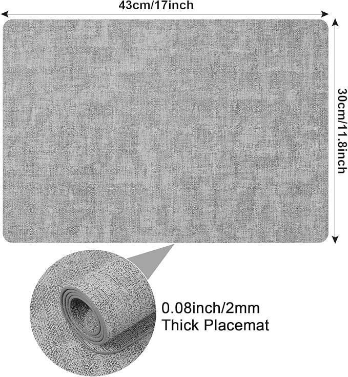 Boobezeen Faux Leather Placemats Set of 6, Heat Resistant Wipeable Washable Vinyl Place Mats, Waterproof Anti-Slip Dining Table Mats, Suitable for Indoor & Outdoor Use (Light Grey)
