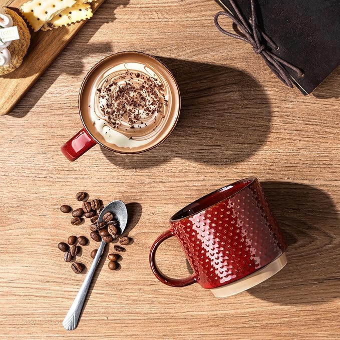 GBhome 12 OZ Stackable Coffee Mugs, Ceramic Coffee Mugs with Texture Patterns for Man,Woman,Dad,Mom, Modern Coffee Mugs Set of 4 for Latte/Cappuccino/Cocoa. Dishwasher&Microwave Safe