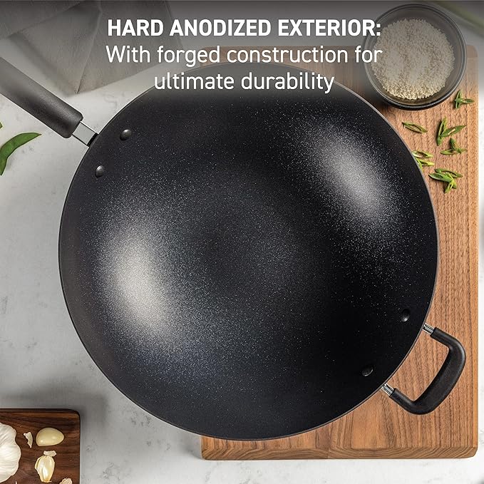 T-Fal Ultimate Hard Anodized Nonstick Wok 14 Inch, Oven Broiler Safe 350F, Non Stick Stir-Fry Pan, Cookware, Pots and Pans, Kitchen, Versatile Deep Frying, Saut챕, Braise, Stew, Dishwasher Safe, Black